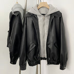 OFTBUY Detachable Hood Color Block Design New Women's Faux Leather Bomber Jacket Zipper Elastic Hem Casual Streetwear Outerwear