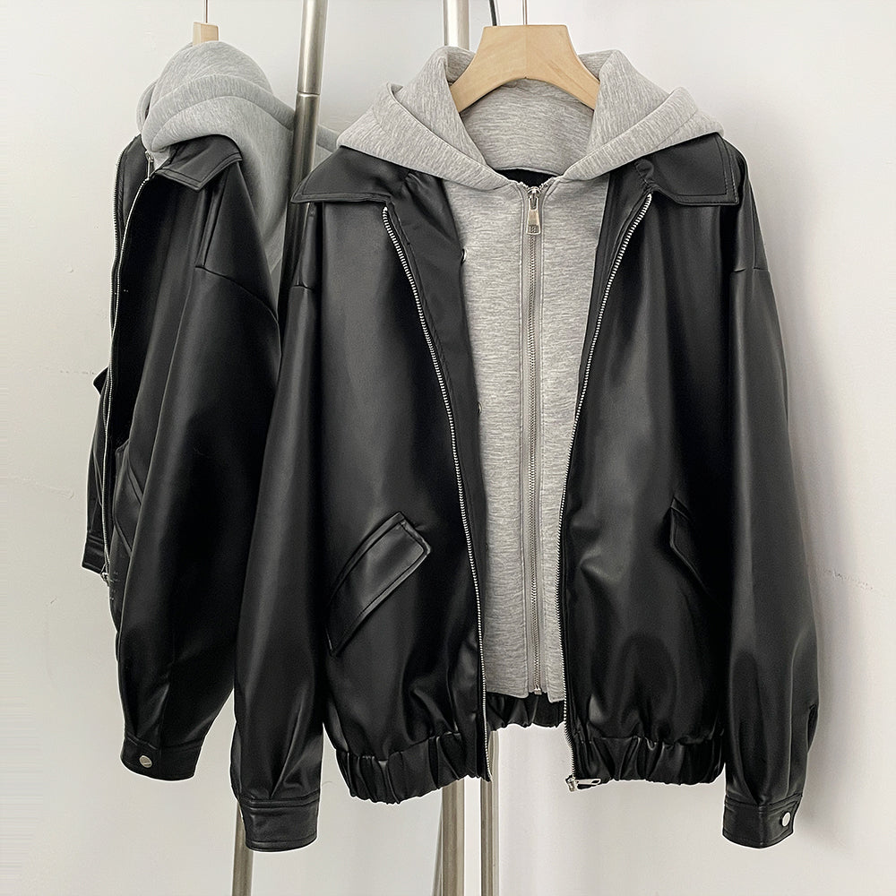 OFTBUY Detachable Hood Color Block Design New Women's Faux Leather Bomber Jacket Zipper Elastic Hem Casual Streetwear Outerwear