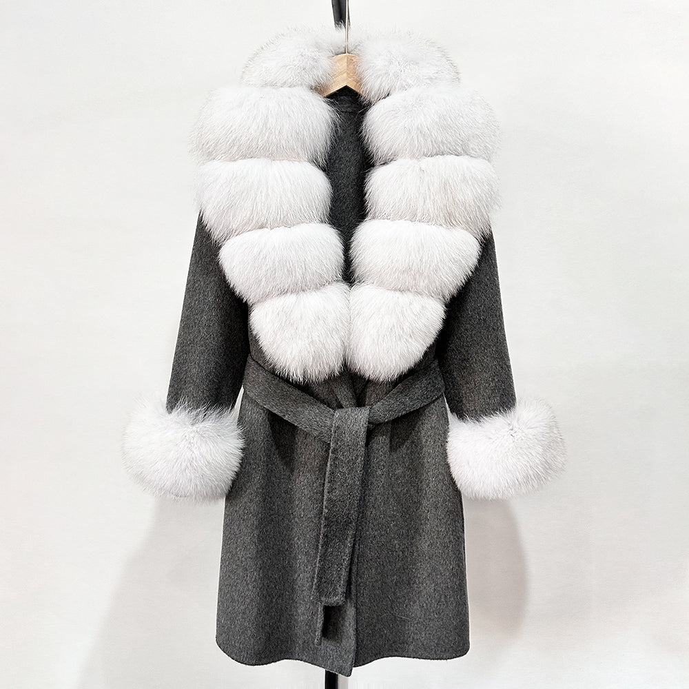OFTBUY New Autumn Winter Top Clothes Women Belt Natural Fur Wool Coat Female Fashion Warm Woolen Jacket with Real Fox Fur Collar