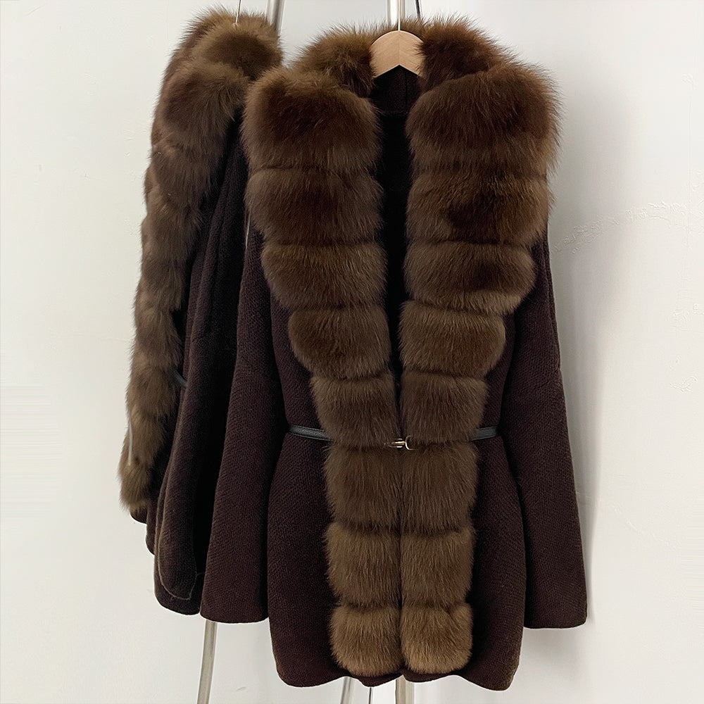 OFTBUY Metal Belt Knit Warm Winter Luxury Fashion Outerwear Sweater Cardigan New Women's Knit Coat with Full Real Fox Fur Front