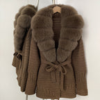 OFTBUY New Women's Knit Coat with Large Real Fox Fur Collar Belted Waist Striped Texture Pockets Winter Luxury Elegant Outerwear