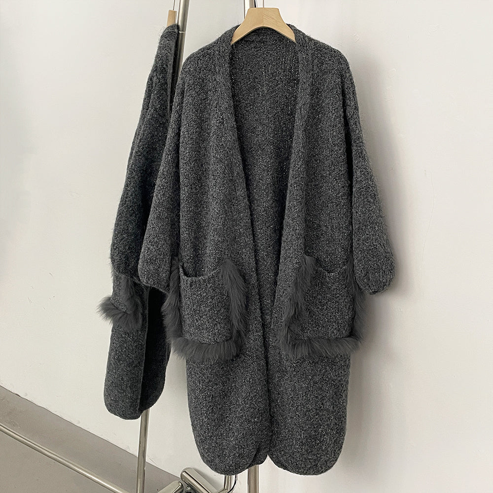 OFTBUY No Placket Long Sleeves Knitwear Jacket Long Real Fox Fur Pocket Cardigan Sweater Women New Spring Autumn Knitted Clothes