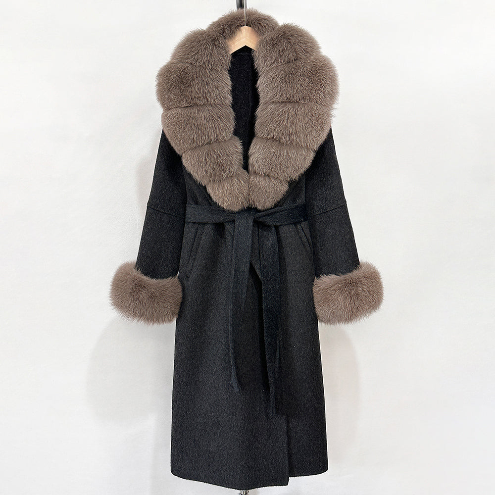 OFTBUY New Women's Double-Faced Wool Coat with Large Real Fox Fur Belted Warm Winter Luxury Fashion Outerwear Woolen Jacket Lady