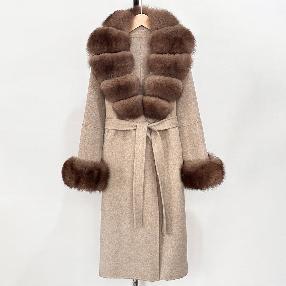 OFTBUY New Women's Double-Faced Wool Coat with Large Real Fox Fur Belted Warm Winter Luxury Fashion Outerwear Woolen Jacket Lady
