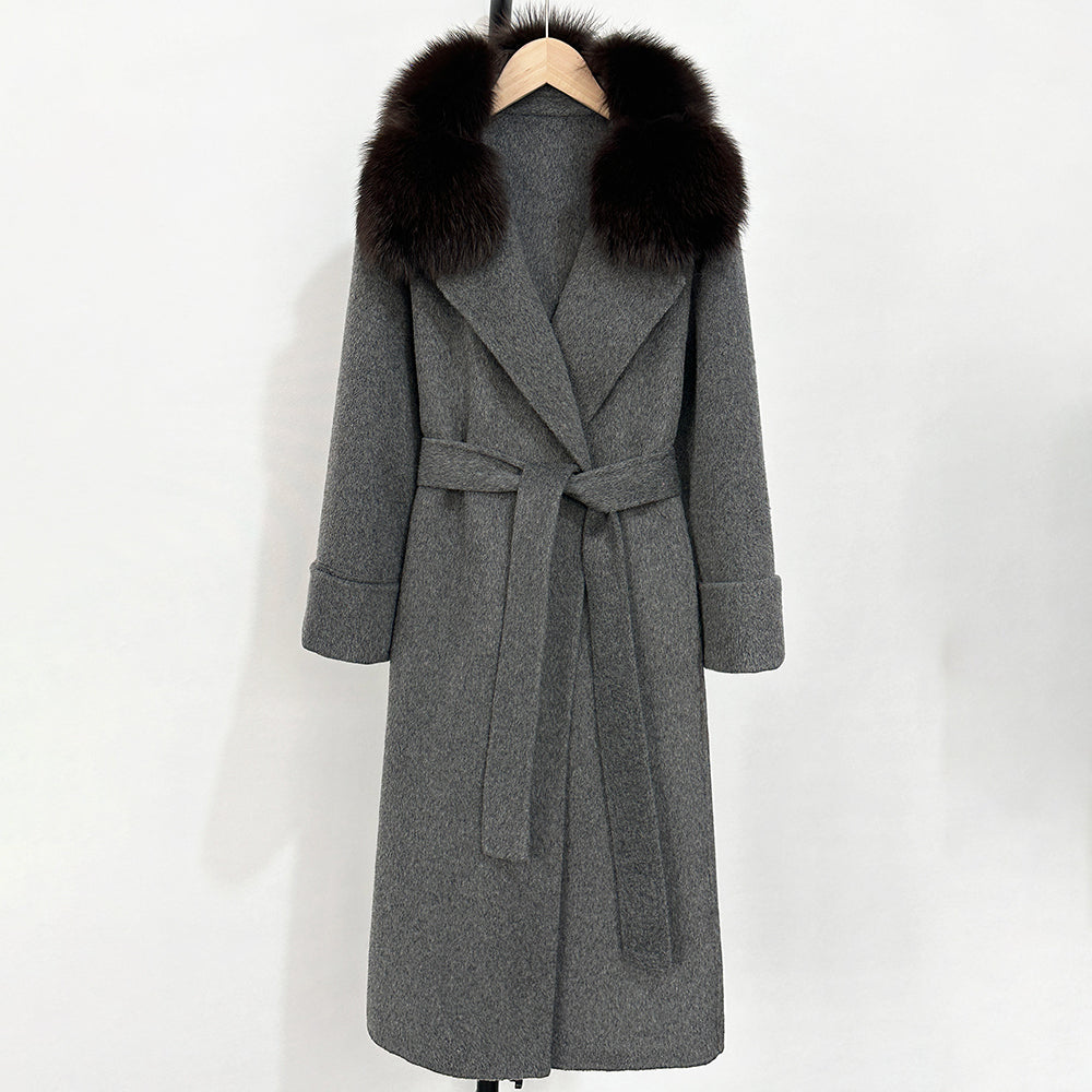 OFTBUY Belted Warm Winter Elegant Fashion Outerwear Female New Women's Double-Faced Wool Coat with Large Real Fox Fur Collar