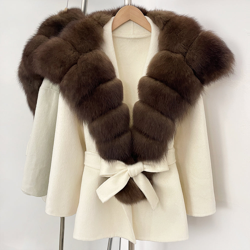OFTBUY Belt Real Fox Fur Wool Coat Female New Autumn Winter Warm Clothes Women Natural Fox Fur Collar Cashmere Woolen Jacket