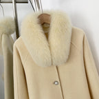 OFTBUY New Women's Wool Coat with Real Fox Fur Colla and Cuffs Luxury Pearl Button Ruffled Hem Winter Warm Outerwear Female