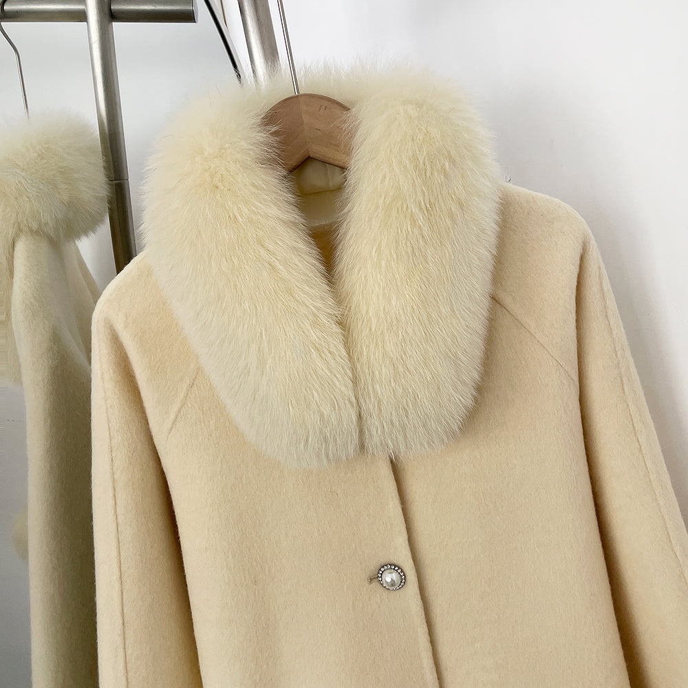 OFTBUY New Women's Wool Coat with Real Fox Fur Colla and Cuffs Luxury Pearl Button Ruffled Hem Winter Warm Outerwear Female