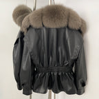 OFTBUY Women's Luxury Real Fox/Raccoon Fur Faux Leather Jacket Elastic Waist New Winter Coat Elegant PU Leather Outerwear Female