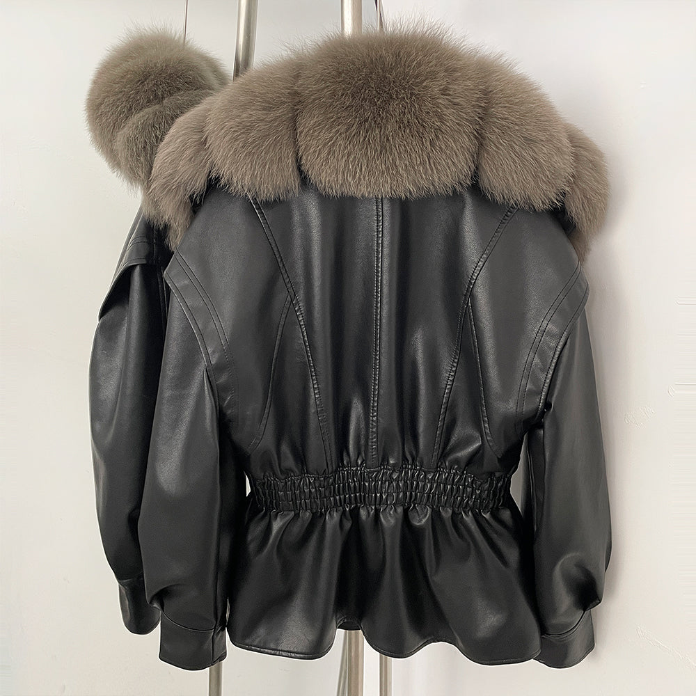 OFTBUY Women's Luxury Real Fox/Raccoon Fur Faux Leather Jacket Elastic Waist New Winter Coat Elegant PU Leather Outerwear Female
