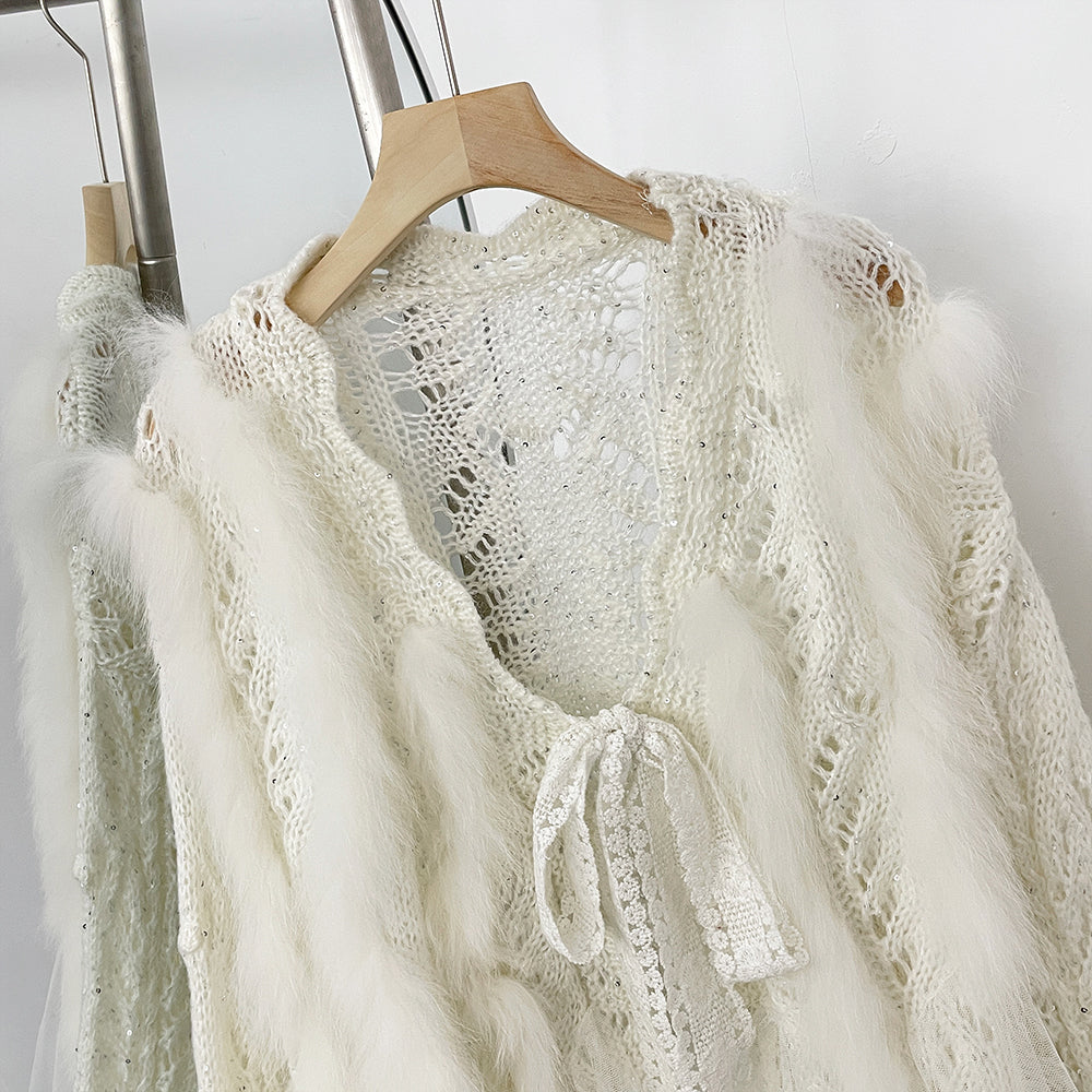 OFTBUY Sexy Hollow Loose V-neck Knitted Jacket Real Fox Fur Cardigan Sweater Female New Spring Autumn Lace Top Clothes Women