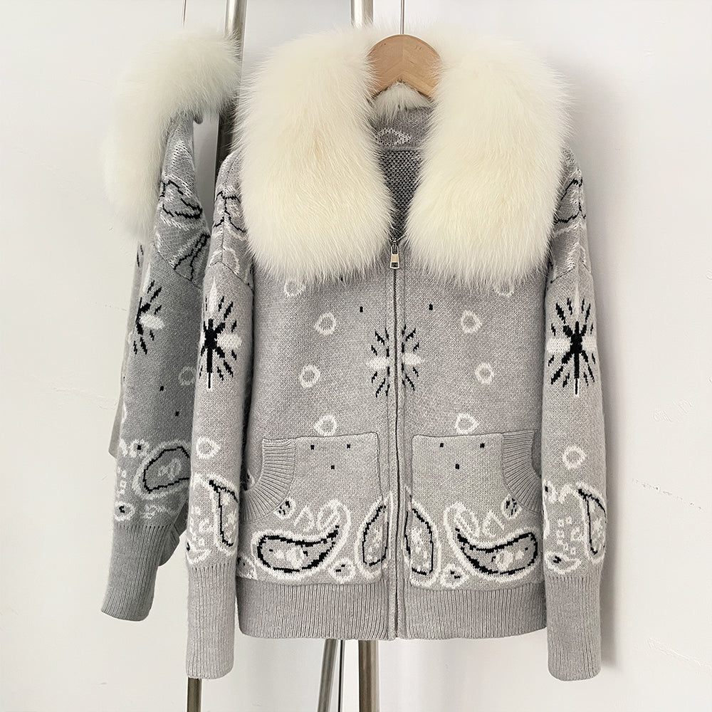 OFTBUY Women's Vintage Real Fox Fur Collar Knit Cardigan Paisley Print Zip Up Sweater Jacket Female Warm Winter Luxury Outerwear