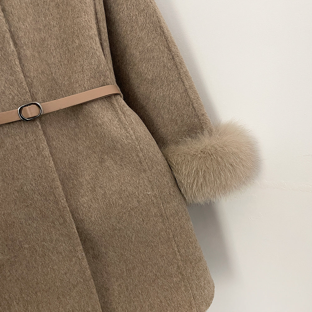 OFTBUY New Women's Wool Coat with Real Fox Fur Collar Cuffs Hooded Belted Waist Warm Winter Elegant Fashion Outerwear
