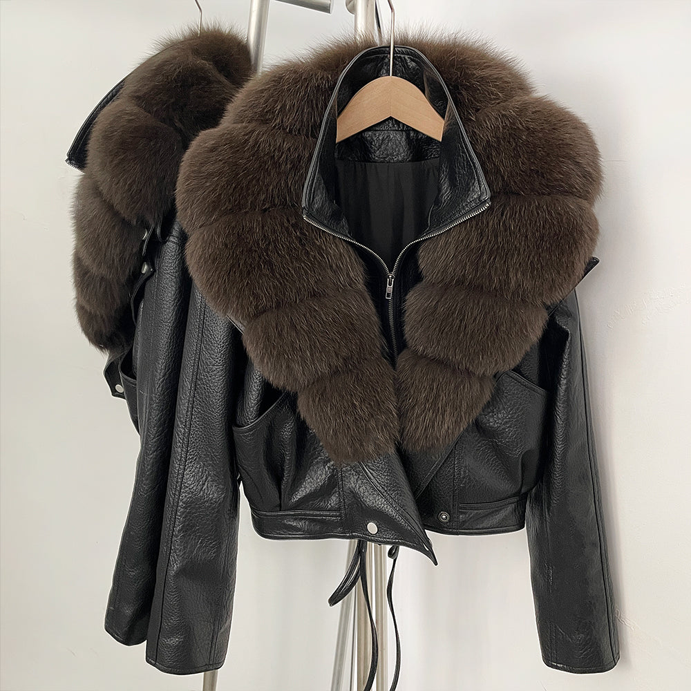 OFTBUY Women's Black Faux Leather Moto Jacket with Real Fox Fur Collar PU Leather Cropped Biker Coat Female New Winter Outerwear