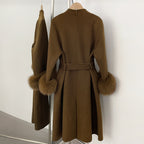 OFTBUY New Women's Double-Faced Wool Coat with Real Fox Fur Cuffs V-Neck Belted Bow Long Warm Winter Elegant Fashion Outerwear