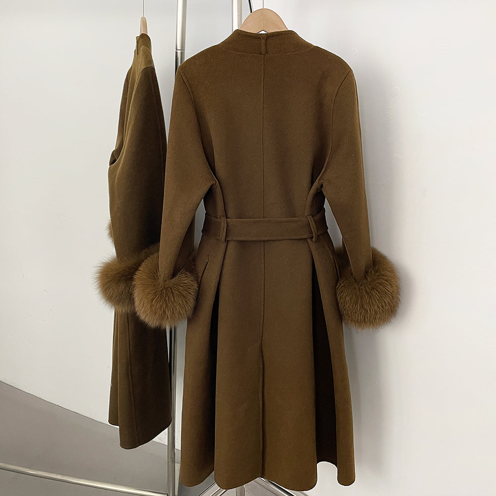 OFTBUY New Women's Double-Faced Wool Coat with Real Fox Fur Cuffs V-Neck Belted Bow Long Warm Winter Elegant Fashion Outerwear