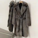 OFTBUY Luxury Long-Length Belted Faux Fur Coat - Premium Vegan Silver Fox Style Overcoat with Oversized Lapel