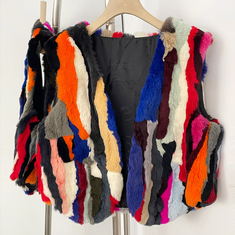 OFTBUY New Autumn Winter Luxury Outerwear Women's Multicolor Real Rex Rabbit Fur Vest Patchwork V-Neck Natural Fur Waistcoat