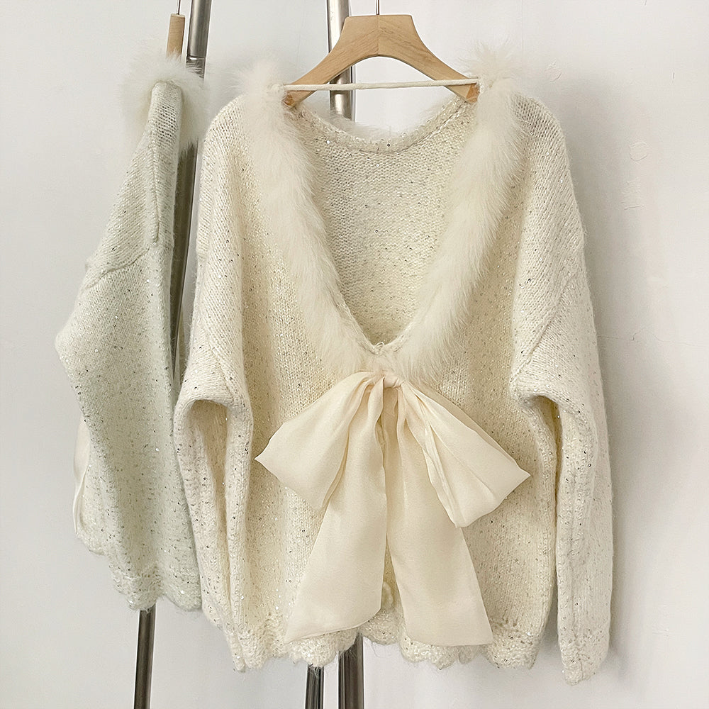 OFTBUY New Spring Autumn Loose Sequins Clothes Women Flowers Bow Knit Pullovers Jacket Female Real Fox Fur Back-length Sweater
