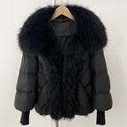 OFTBUY New Winter Large Real Raccoon Fur Puffer Coat Women Knit Sleeve White Duck Down Jacket Female Oversize Feather Down Parka