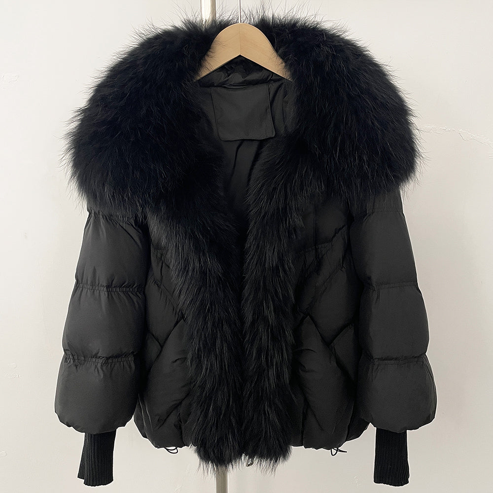 OFTBUY New Winter Large Real Raccoon Fur Puffer Coat Women Knit Sleeve White Duck Down Jacket Female Oversize Feather Down Parka