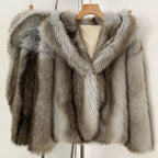 OFTBUY Luxury Hooded Faux Fur Jacket - Premium Vegan Silver Fox Style Cropped Winter Coat