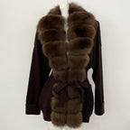 OFTBUY Trim Belted Waist Warm Winter Luxury Fashion Outerwear Sweater Female New Women's Knit Cardigan with Large Real Fox Fur