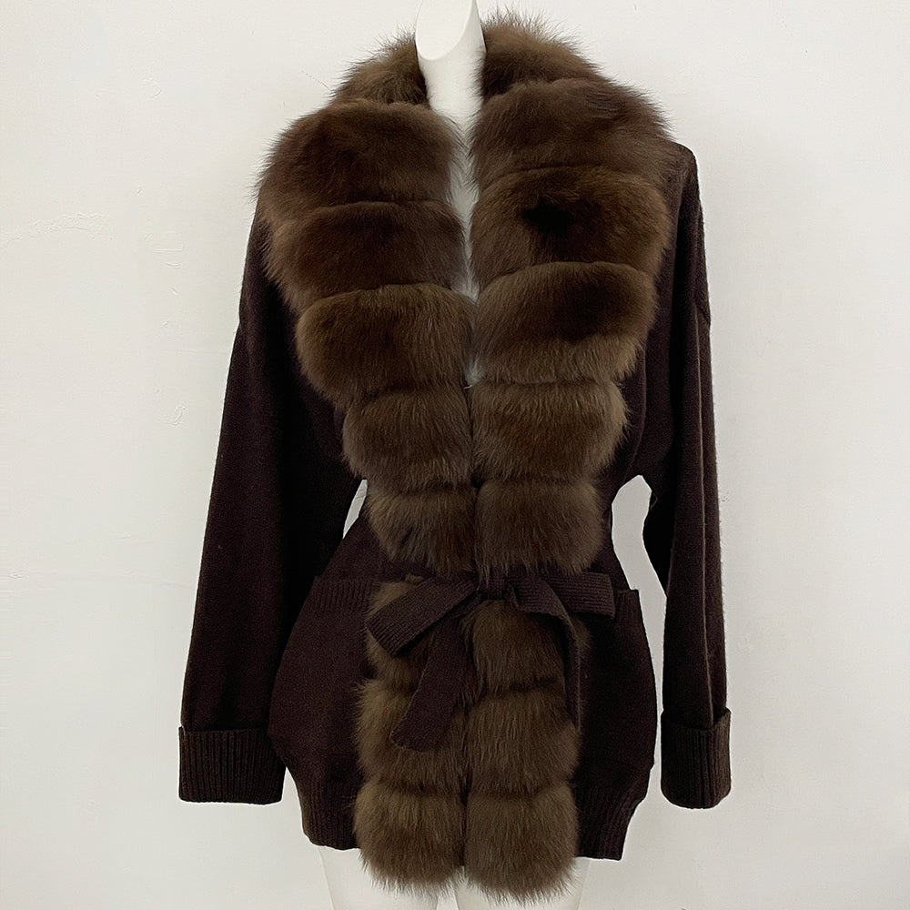 OFTBUY Trim Belted Waist Warm Winter Luxury Fashion Outerwear Sweater Female New Women's Knit Cardigan with Large Real Fox Fur