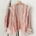 OFTBUY Sexy Hollow Loose V-neck Knitted Jacket Real Fox Fur Cardigan Sweater Female New Spring Autumn Lace Top Clothes Women