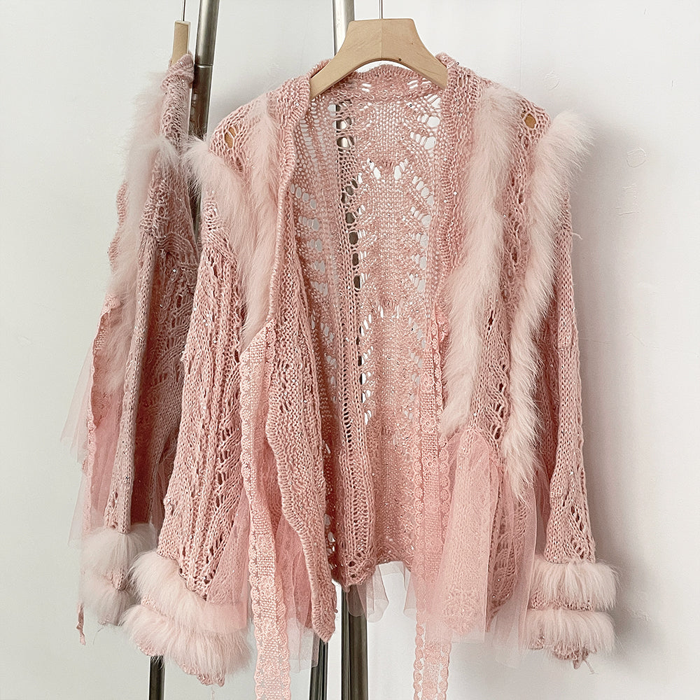 OFTBUY Sexy Hollow Loose V-neck Knitted Jacket Real Fox Fur Cardigan Sweater Female New Spring Autumn Lace Top Clothes Women