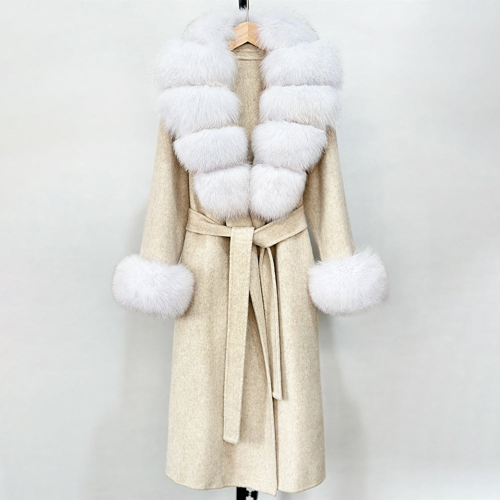 OFTBUY Fashion Warm Woolen Jacket with Real Fox Fur Collar and Cuffs New Autumn Winter Wool Clothing Women Long Belt Outerwear