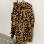 OFTBUY Luxury Leopard Print Real Rabbit Fur Long Coat - Wide Notched Lapel Belted Waist Genuine Rabbit Fur Winter Trench Coat
