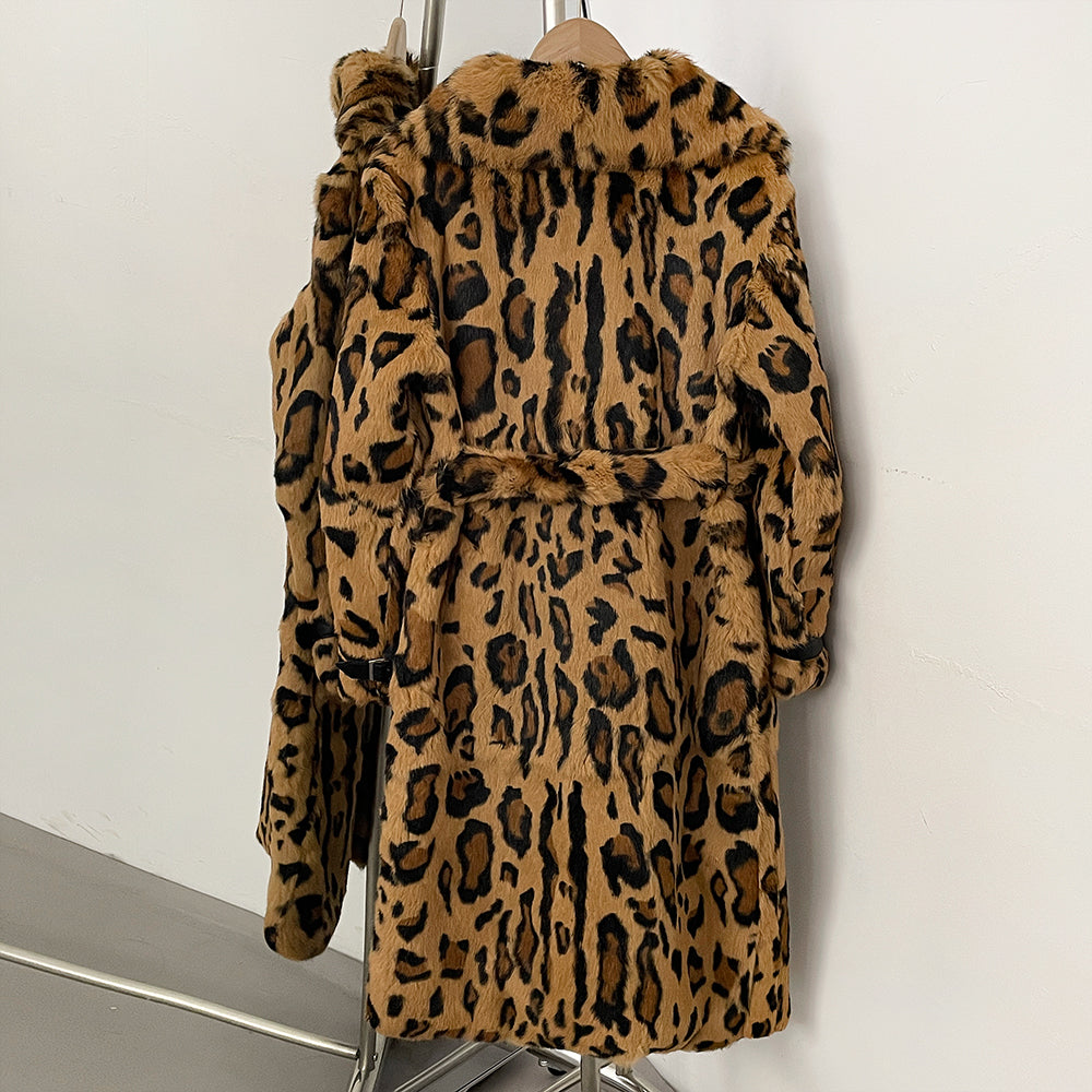 OFTBUY Luxury Leopard Print Real Rabbit Fur Long Coat - Wide Notched Lapel Belted Waist Genuine Rabbit Fur Winter Trench Coat
