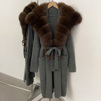 OFTBUY New Natural Fur Collar Long Knit Jacket Women Atrumn Winter Top Clothing Female Fashion Warm Belt Real Fox Fur Cardigan