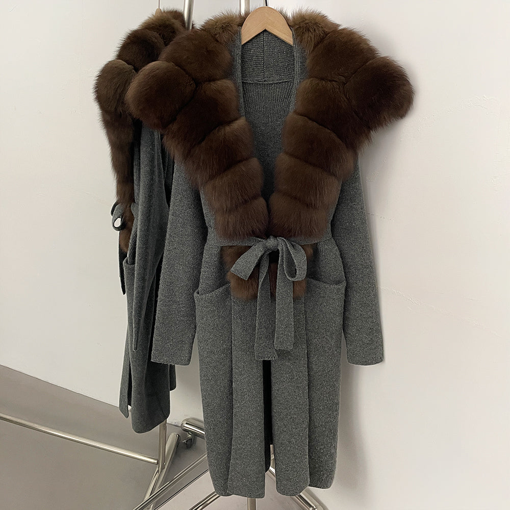 OFTBUY New Natural Fur Collar Long Knit Jacket Women Atrumn Winter Top Clothing Female Fashion Warm Belt Real Fox Fur Cardigan