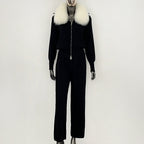 OFTBUY Winter New Women's Knitted Tracksuit Set with Fox Fur Collar Zipper Jacket Wide Leg Pants Luxury Casual Two-Piece Outfit