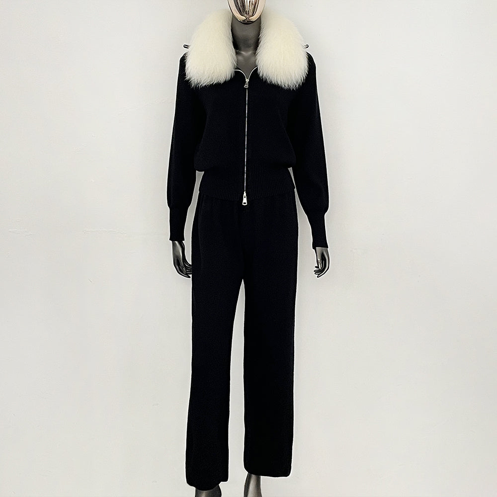 OFTBUY Winter New Women's Knitted Tracksuit Set with Fox Fur Collar Zipper Jacket Wide Leg Pants Luxury Casual Two-Piece Outfit