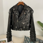 OFTBUY New Women's Genuine Leather Cropped Moto Jacket Crocodile Embossed Real Leather Biker Coat with Belt Punk Rock Outerwear