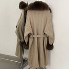 OFTBUY Winter Elegant Outerwear Warm Long Coat Lady New Women's Knit Coat with Large Real Fox Fur Collar Belted Cardigan Female