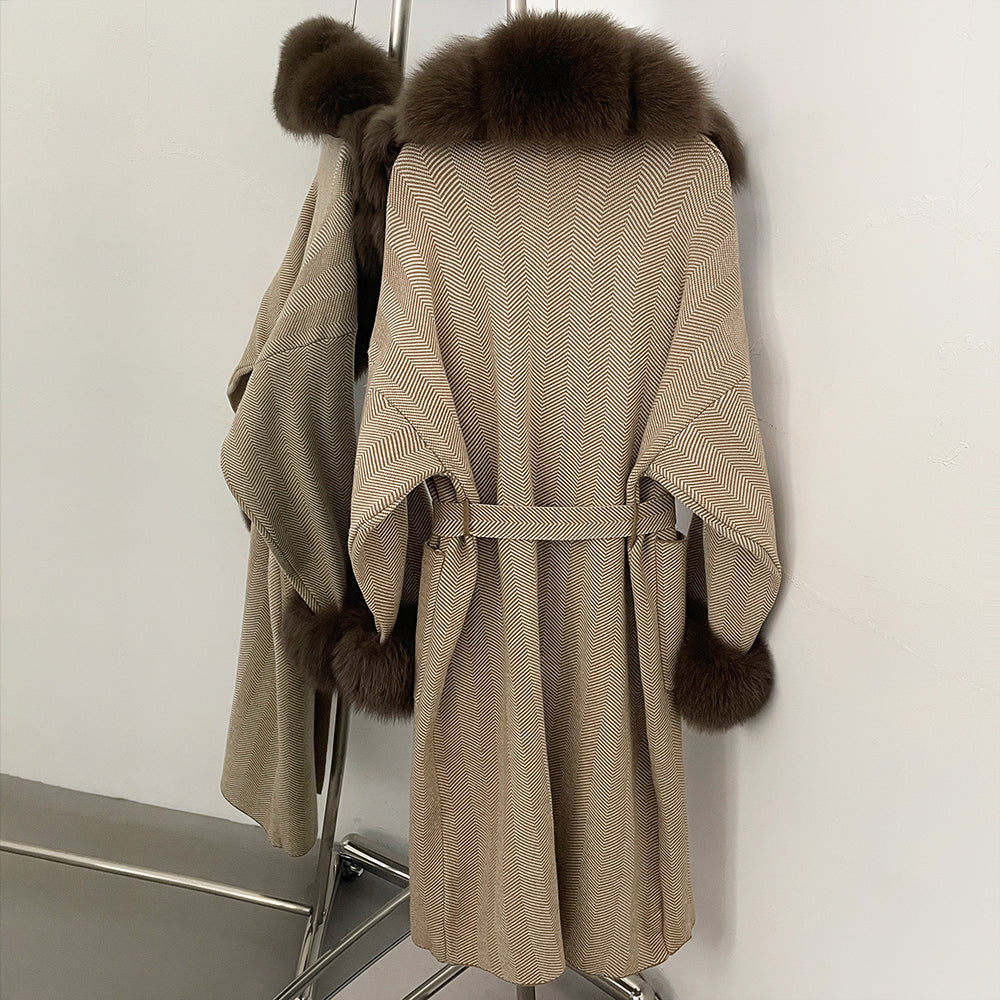 OFTBUY Winter Elegant Outerwear Warm Long Coat Lady New Women's Knit Coat with Large Real Fox Fur Collar Belted Cardigan Female