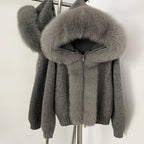 OFTBUY Luxury Viscose Blend Knitted Jacket with Real Fox Fur Hood & Trim - Premium Zip-Up Sweater with Oversized Fur Collar