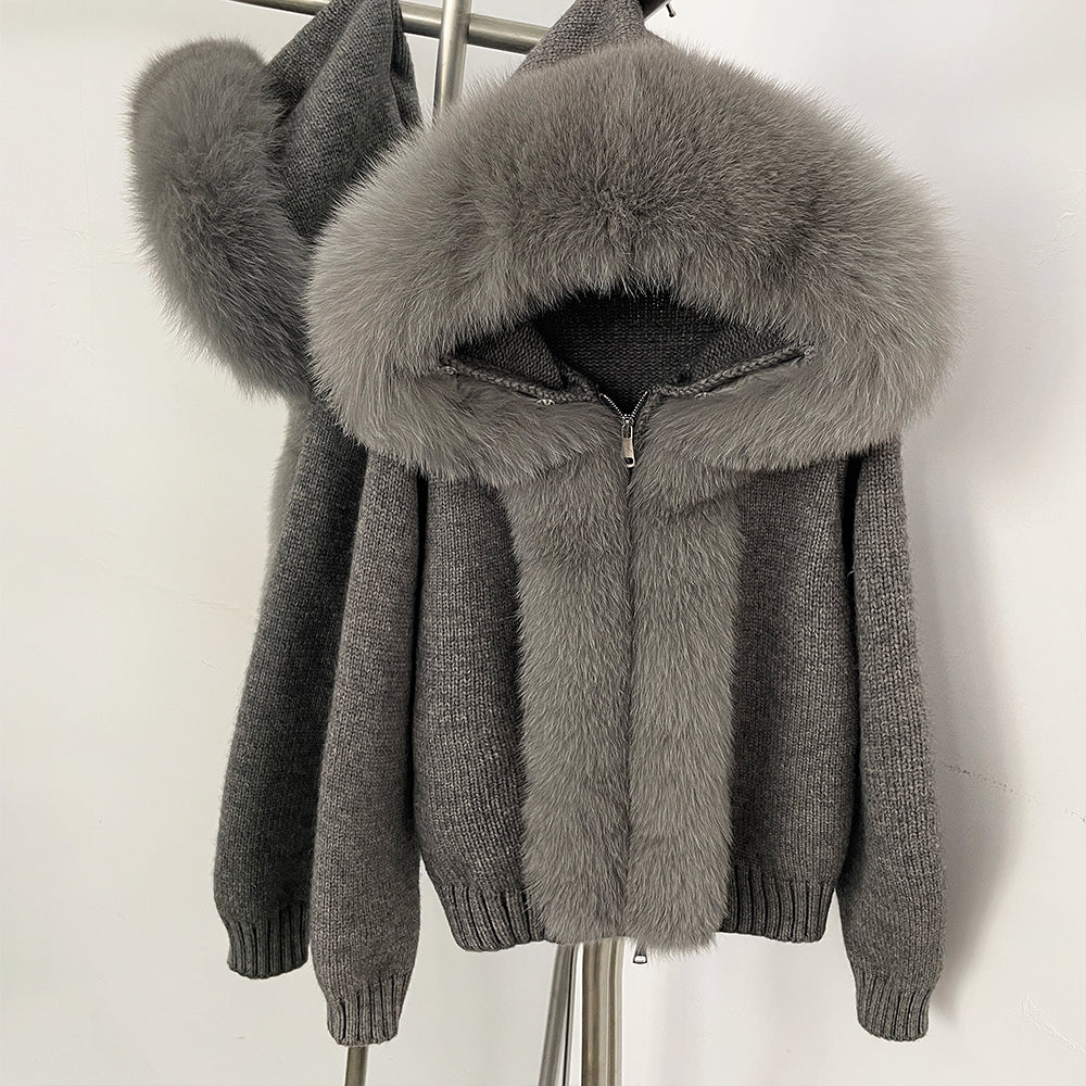 OFTBUY Luxury Viscose Blend Knitted Jacket with Real Fox Fur Hood & Trim - Premium Zip-Up Sweater with Oversized Fur Collar