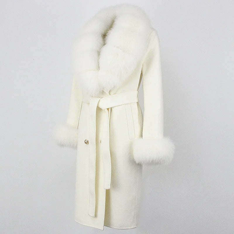 OFTBUY Winter Jacket Women Long Natural Wool Blends Cashmere Real Fur Coat Double Breasted Belt Warm Streetwear New Fashion