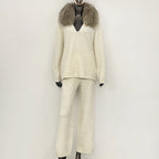 OFTBUY New Women's Knit Two Piece Set with Real Fox Fur Collar Loose Pants Warm Winter Elegant Casual Outfit Sweater Female