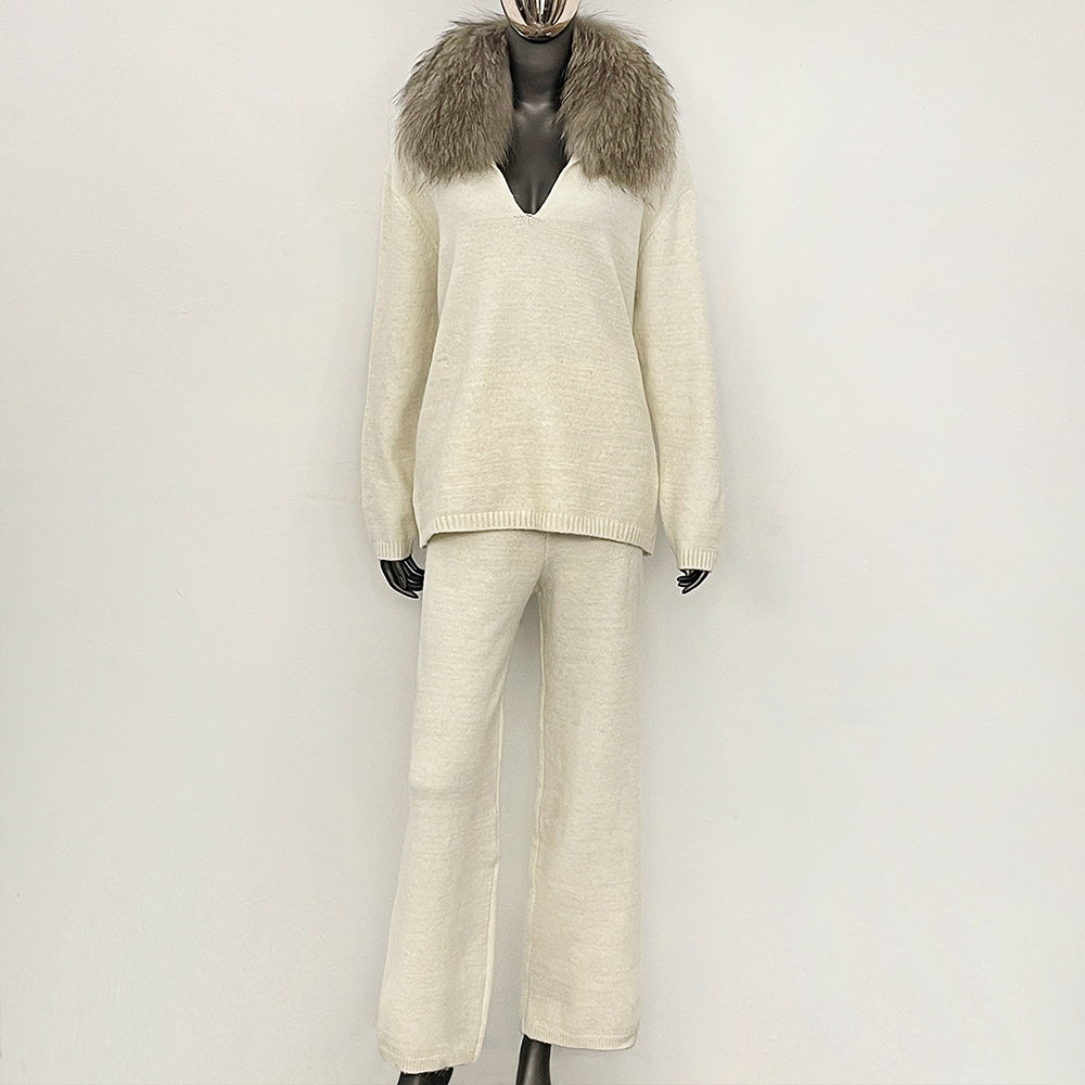 OFTBUY New Women's Knit Two Piece Set with Real Fox Fur Collar Loose Pants Warm Winter Elegant Casual Outfit Sweater Female