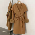 OFTBUY  Luxury Warm Woolen Jacket Women Long Big Collar 100% Wool Coat with Real Fox Fur Cuffs New Autumn Winter Clothes Femlae