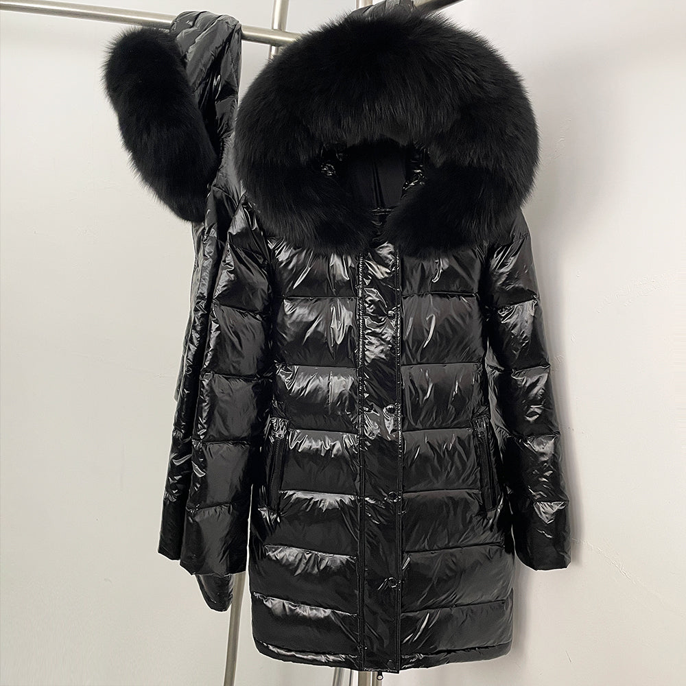OFTBUY New Hood Collar Luxury Warm Winter Women's Shiny Puffer Jacket with Real Raccoon Fox Fur Outerwear Duck Down Coat Female