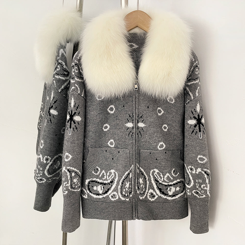 OFTBUY Women's Vintage Real Fox Fur Collar Knit Cardigan Paisley Print Zip Up Sweater Jacket Female Warm Winter Luxury Outerwear