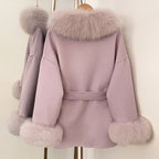 OFTBUY Purple Elegant Double-sided Wool Coat New Autumn Winter Clothes Women Real Fox Fur Scarf Collar Belt Wool Jacket Female