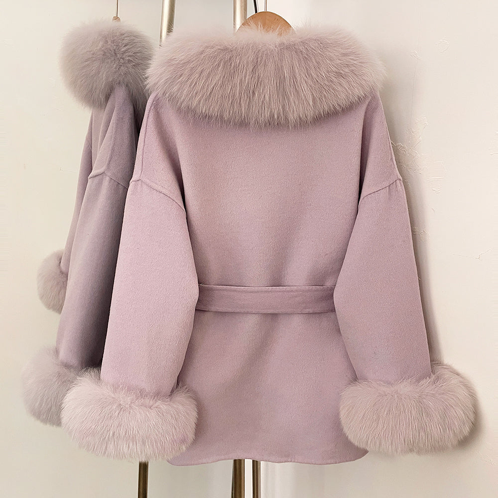 OFTBUY Purple Elegant Double-sided Wool Coat New Autumn Winter Clothes Women Real Fox Fur Scarf Collar Belt Wool Jacket Female